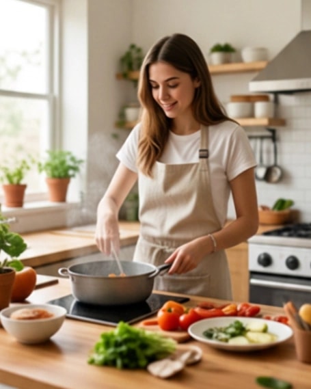 Someone cooking at a kitchen counter