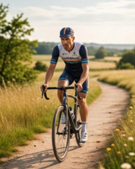 A cyclist riding a country trail