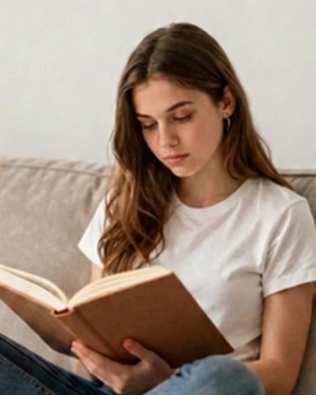 Someone reading a book on a sofa